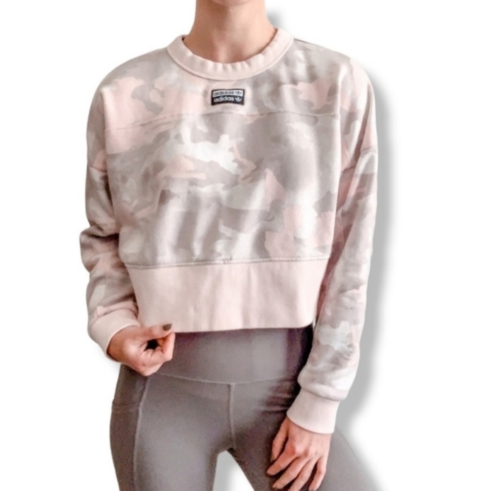 ADIDAS Orginal Camo Cropped Sweatshirt Sweater Pink Gray Size Small - Picture 4 of 10